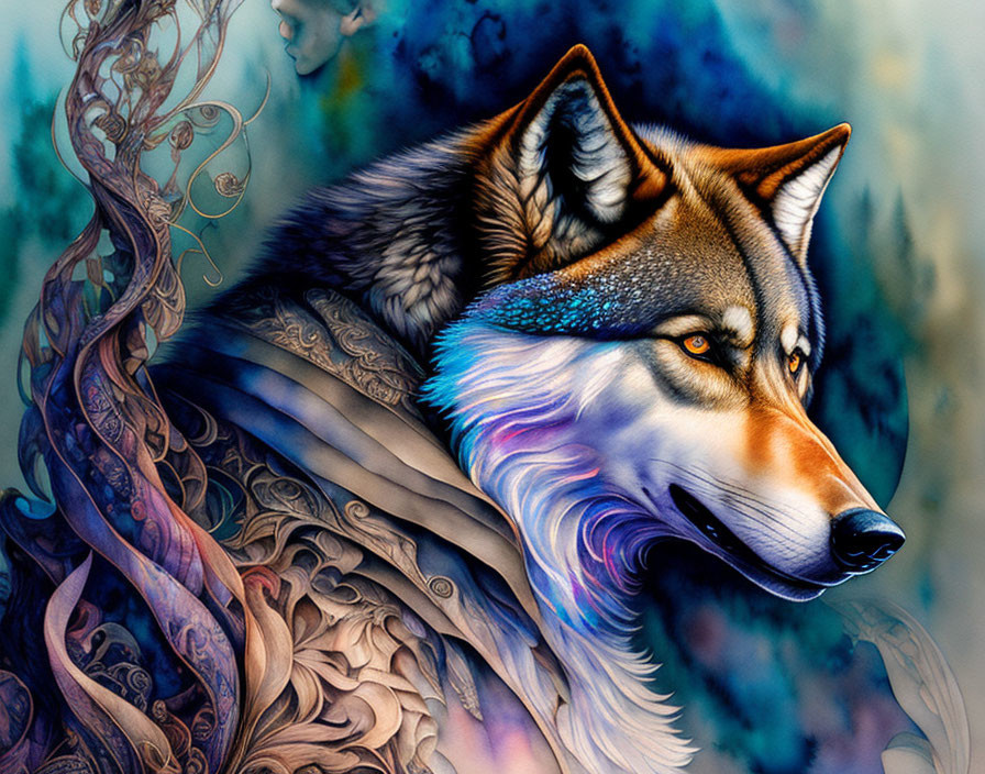 Digital artwork: Intricate wolf with realistic and fantasy elements