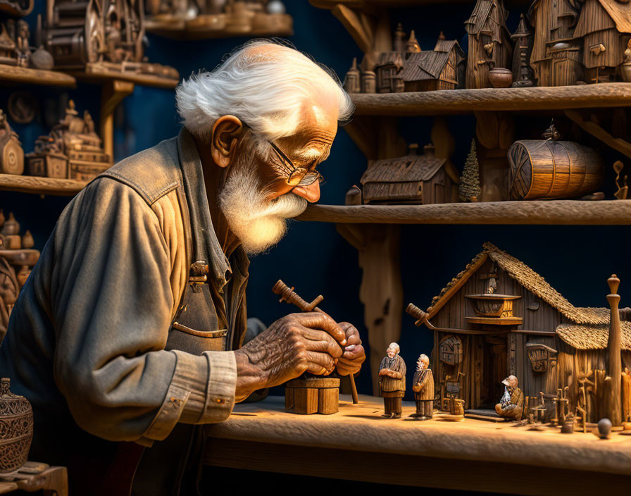 Elderly craftsman with white beard creating wooden miniatures in workshop