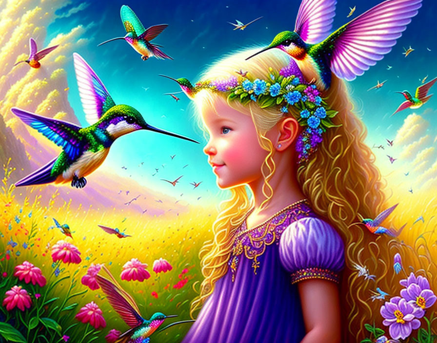 Blonde girl with flowers in vibrant hummingbird scene