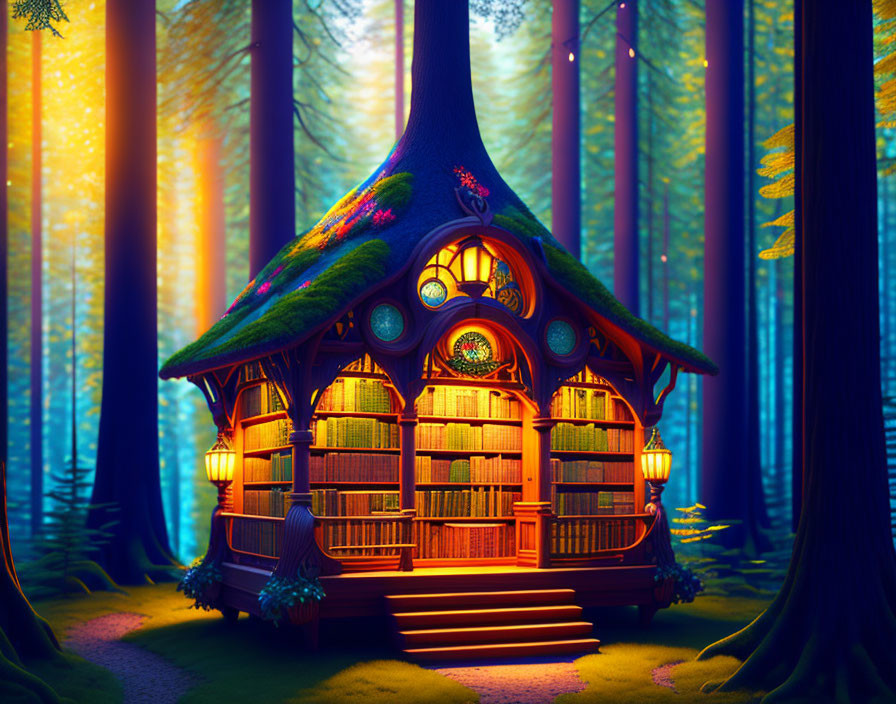 Enchanting Treehouse Library in Blue Forest