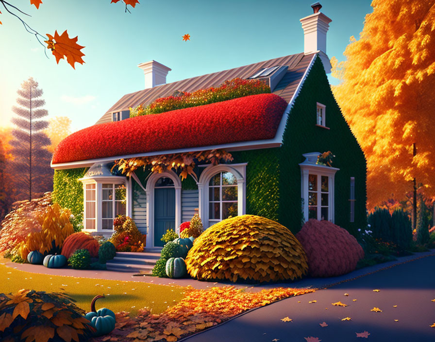 Green cottage with red ivy roof in autumn setting surrounded by pumpkins