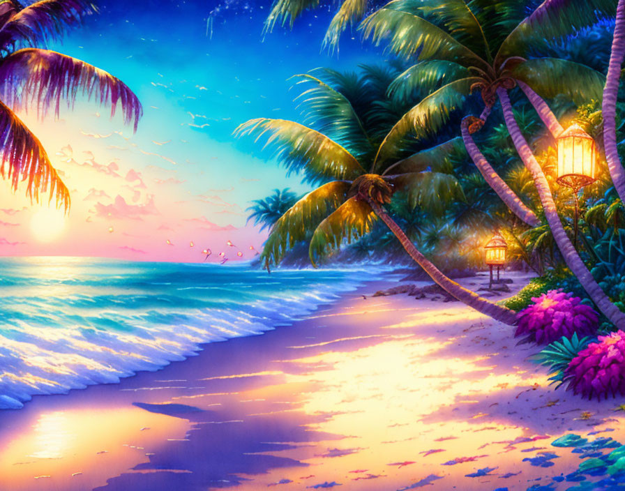 Tropical sunset beach scene with palm trees, pink flowers, lanterns, and serene ocean