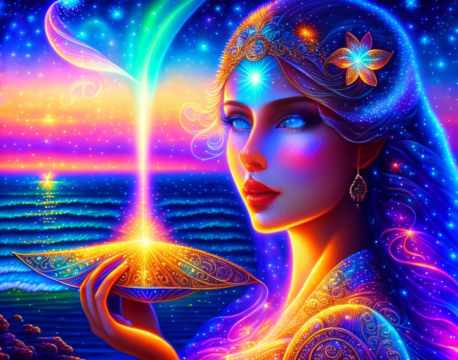 Mystical woman with glowing lamp in starry night scene