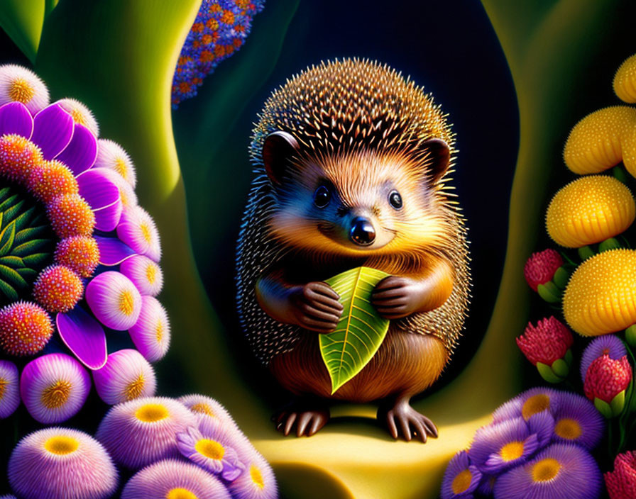 Illustrated hedgehog with green leaf in magical nighttime garden