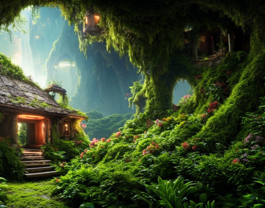 Vibrant fantasy landscape with overgrown house in lush green forest