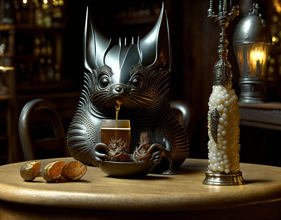 Metallic bat sculpture enjoying tea with cookies in dimly-lit room