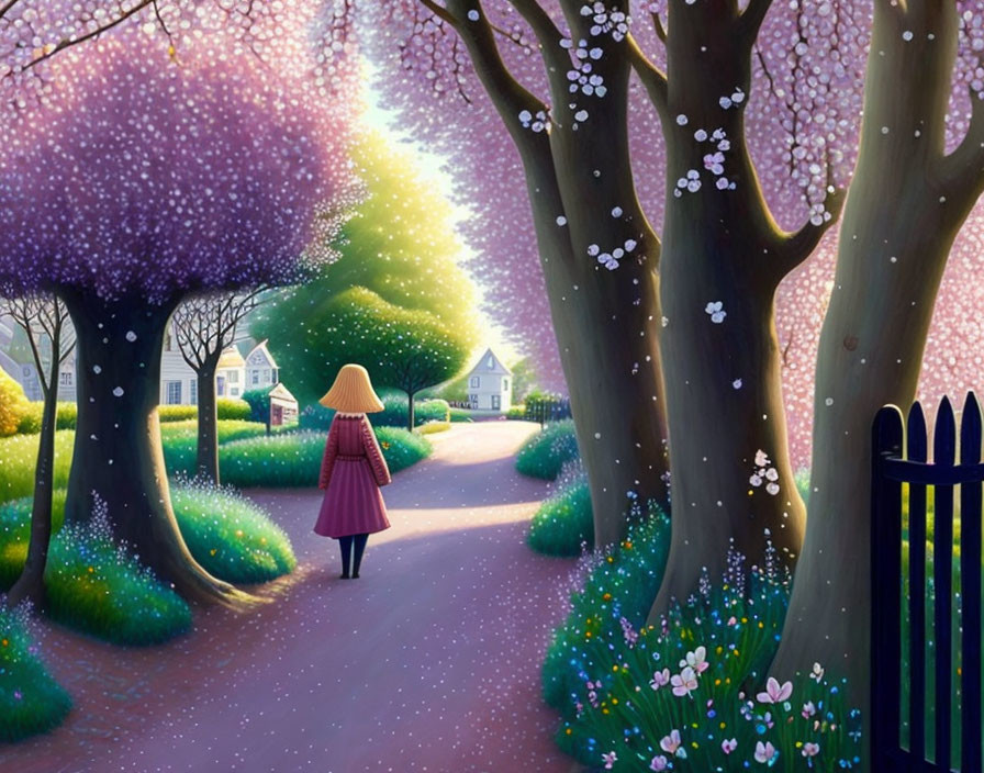 Person walking down flower-lined path in whimsical blooming tree grove at dusk