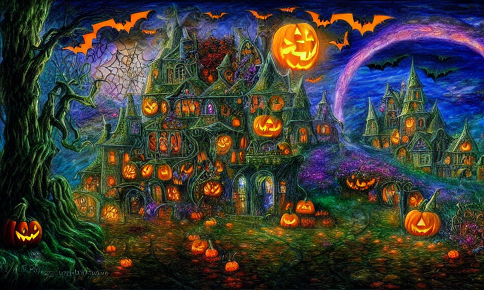 Spooky Halloween scene with jack-o'-lanterns, haunted mansion, moon, and bats