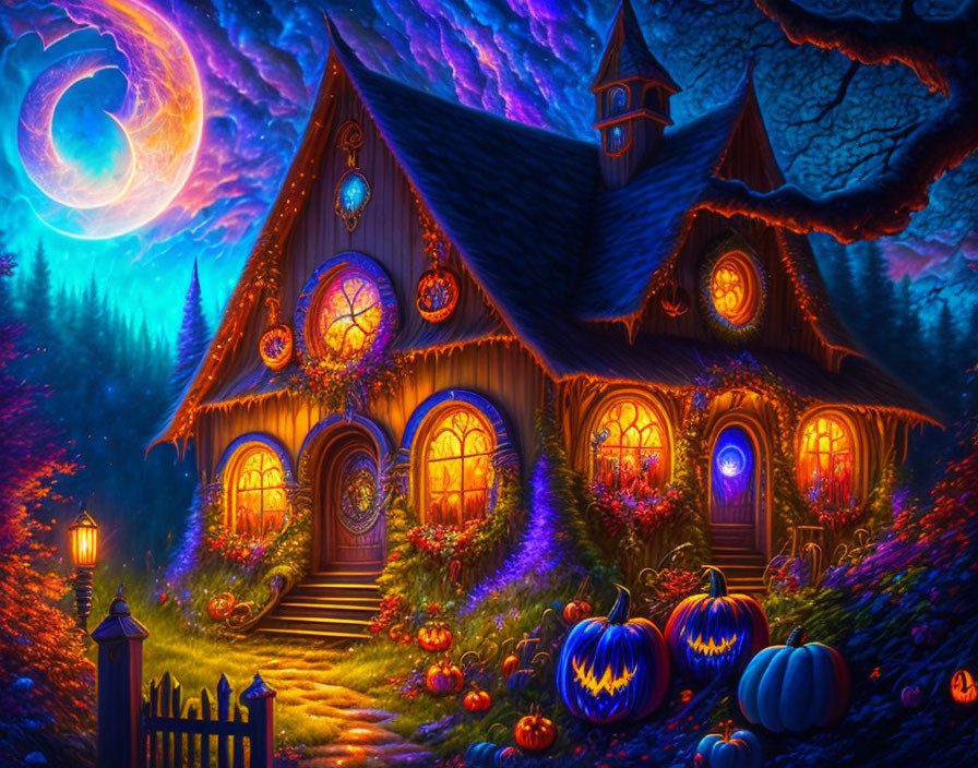 Cozy illuminated cottage with pumpkins under purple night sky