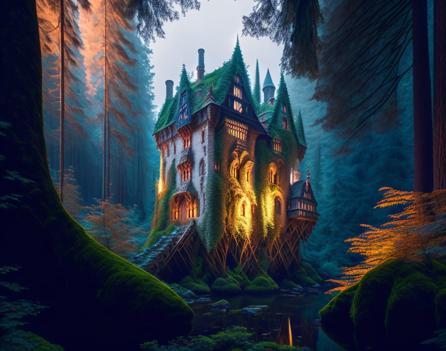 Blue-hued fairy-tale castle in ethereal forest with warm glowing lights