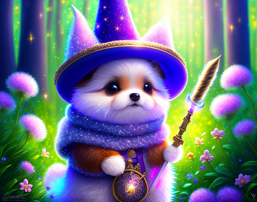 Fluffy brown and white dog in wizard attire in vibrant forest