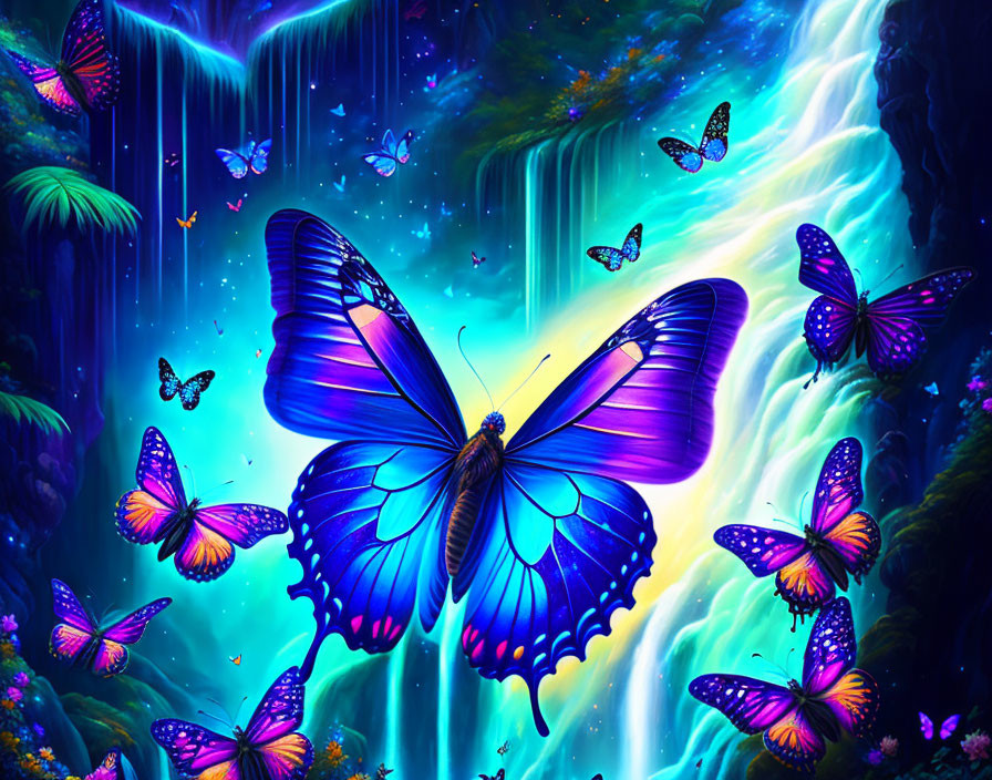 Colorful digital artwork: lush waterfall, blue and purple butterflies, neon-lit flora