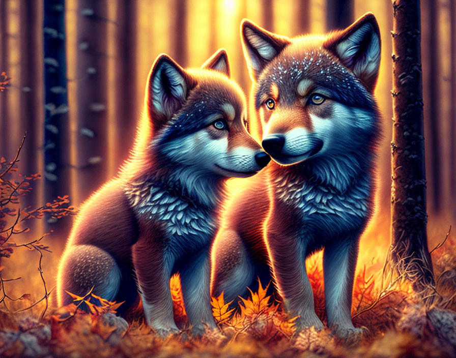 Vividly colored stylized wolves in a fantastical forest with warm lighting