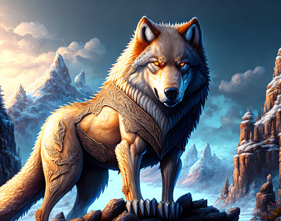 Majestic wolf in ornate armor on rocky outcrop with mountain backdrop