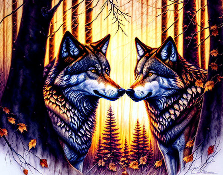 Wolves touching noses in mystical forest with heart-shaped trees.