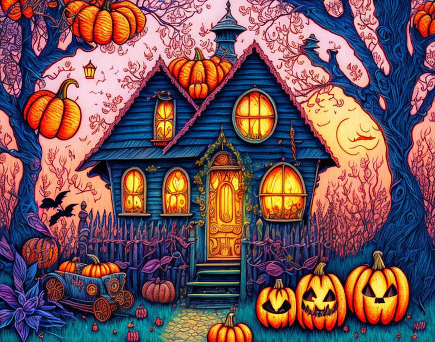 Illustration: Pumpkin-themed house at twilight with twisted trees and jack-o'-lanterns