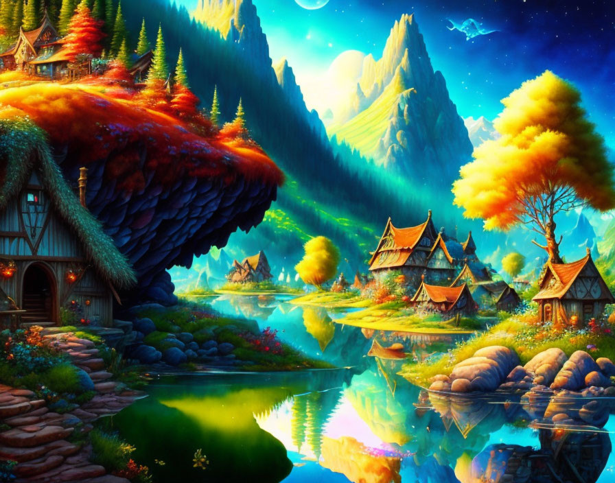 Colorful Fantasy Landscape with Cottages, Lake, Mountains & Stars