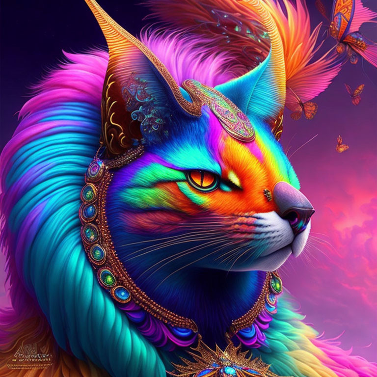 Colorful Fantasy Cat with Mystical Symbols and Butterflies