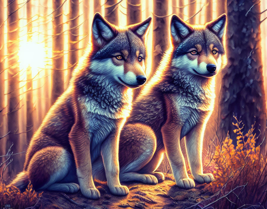 Realistic wolves in forest at sunset with golden light