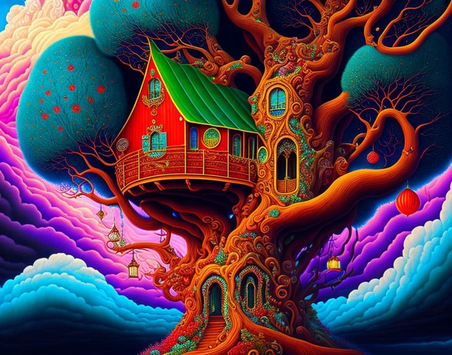 Colorful house in tree with purple clouds and smaller trees