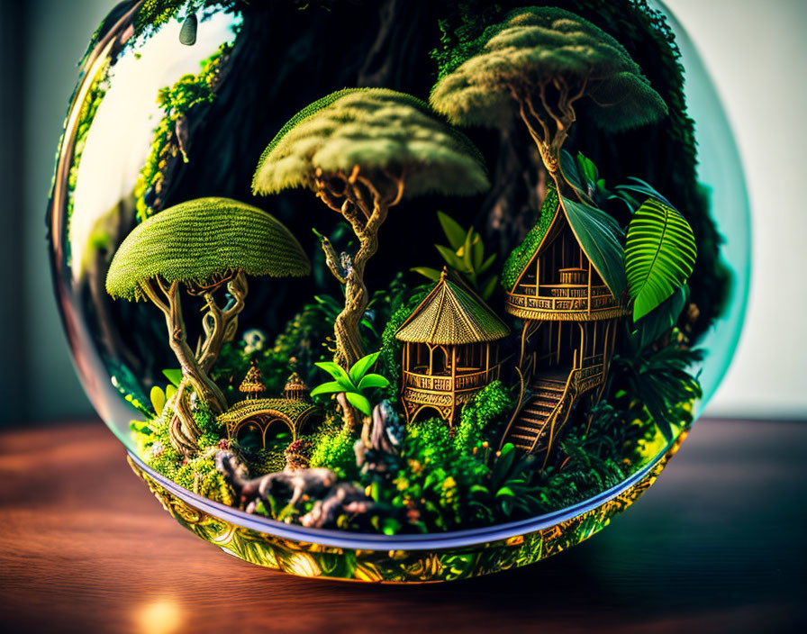 Fantasy forest scene in transparent orb with tiny houses and trees