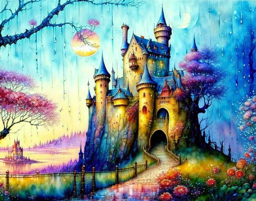 Enchanting castle painting in magical forest with blooming trees