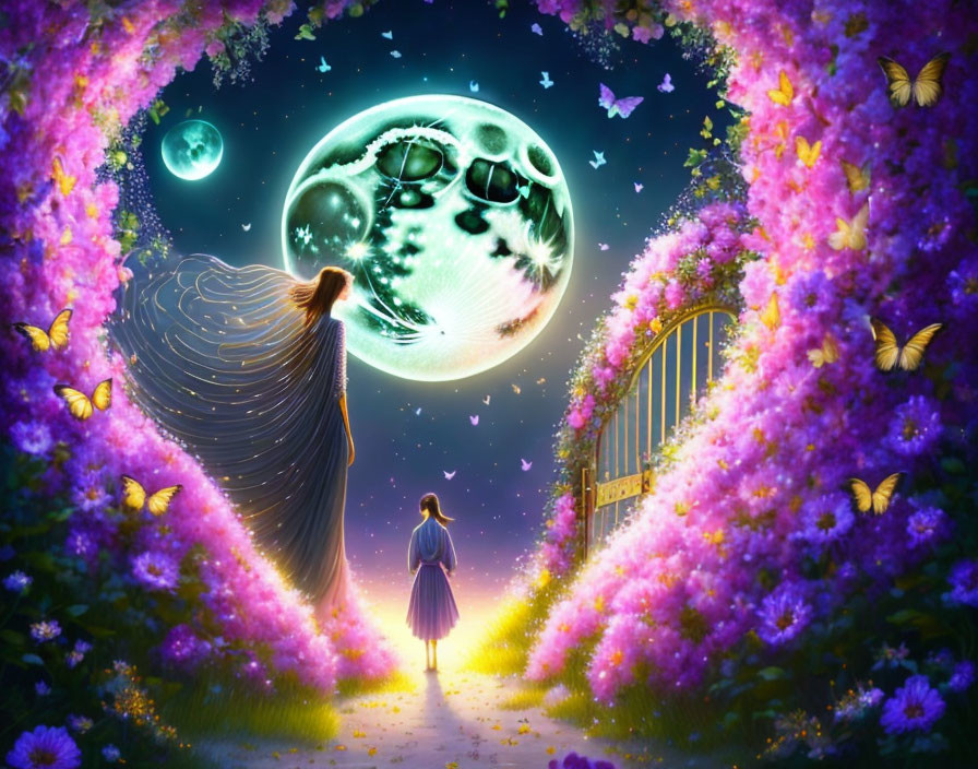 Woman in flowing dress under luminous full moon with flowers and butterflies, girl by garden gate