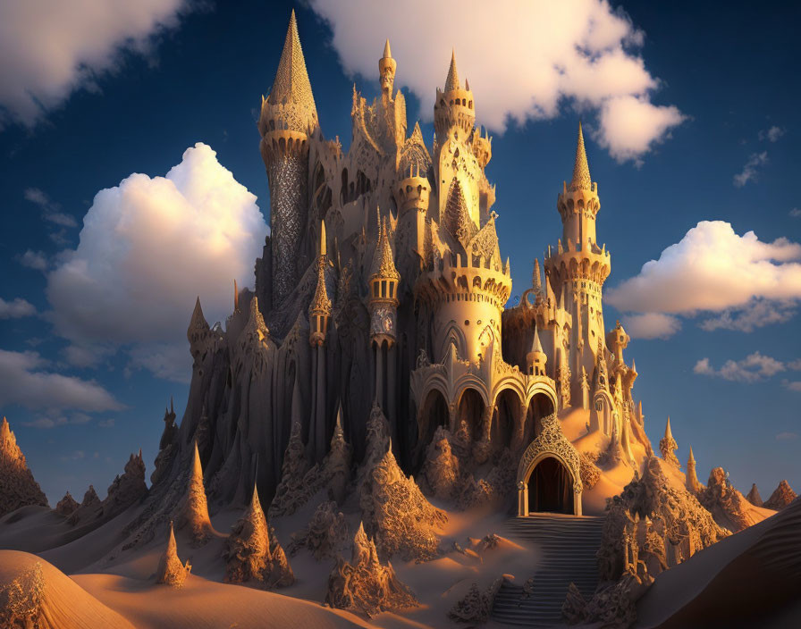 Fantasy castle with spires in desert under warm sunlight