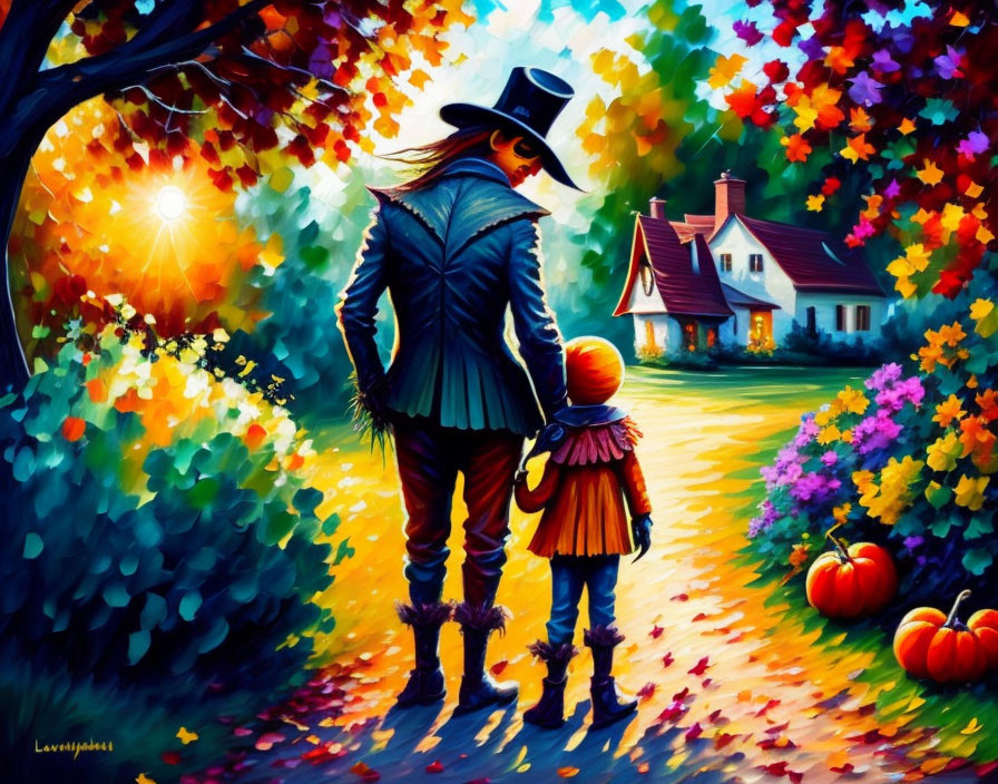 Colorful painting of adult and child in autumn setting