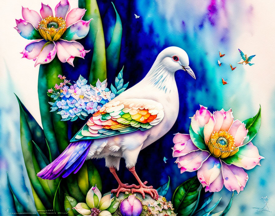 Colorful Dove Perched on Branch with Flowers and Butterflies on Blue Background