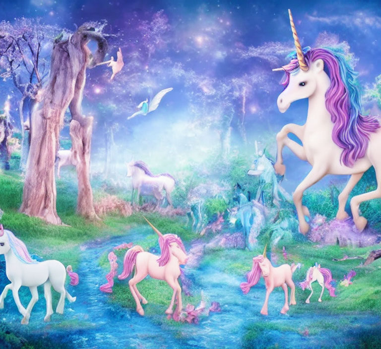 Colorful unicorns in whimsical fantasy landscape