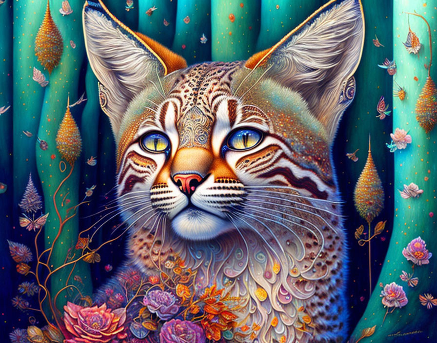 Colorful Feline Illustration with Floral Background