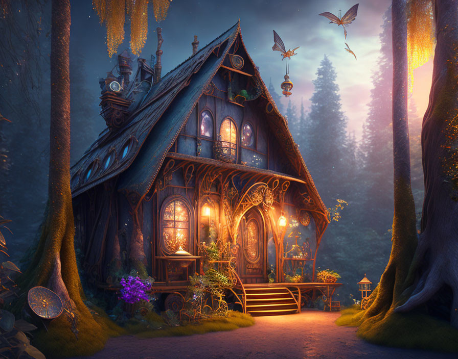 Twilight treehouse with glowing windows in forest scenery