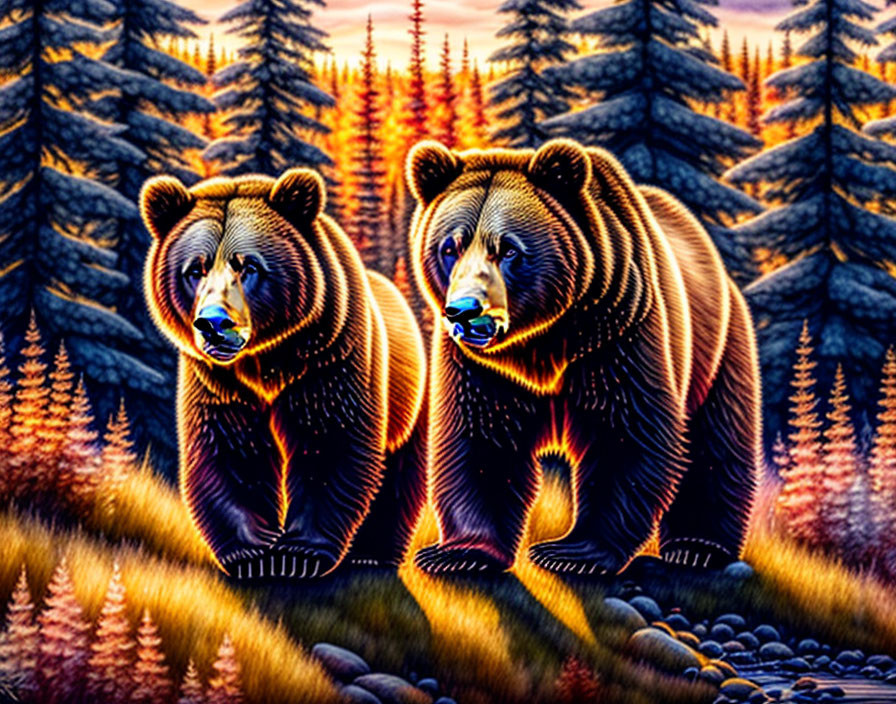 Neon Outlined Bears in Colorful Forest at Sunset