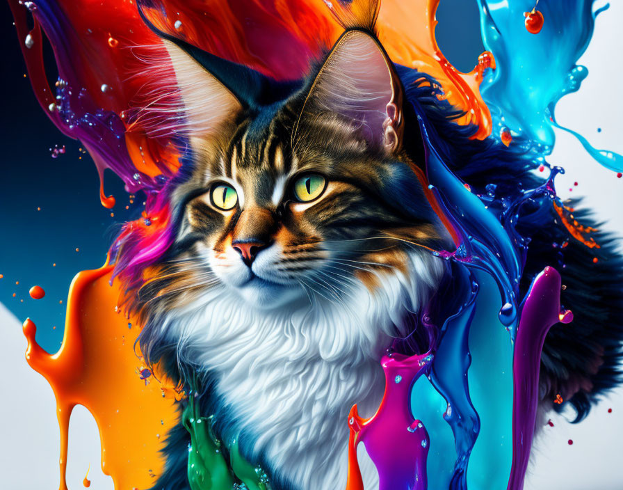 Maine Coon Cat Portrait with Colorful Paint Splash Background