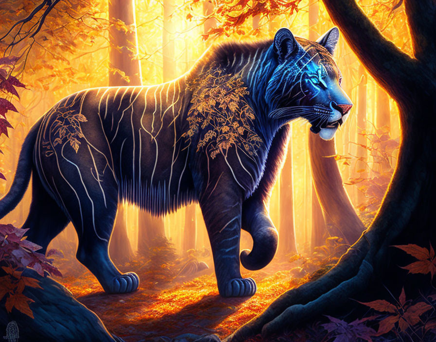 Blue tiger with tree branch patterns in amber forest illustration