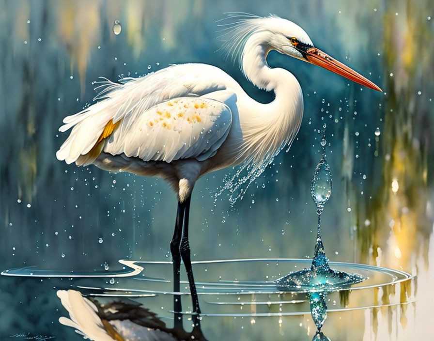 Egret in Water with Splashing Droplets and White Plumage