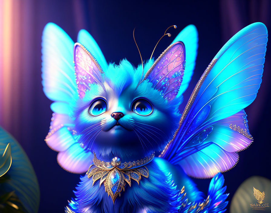 Blue cat with butterfly wings and golden jewelry, intricate fur patterns