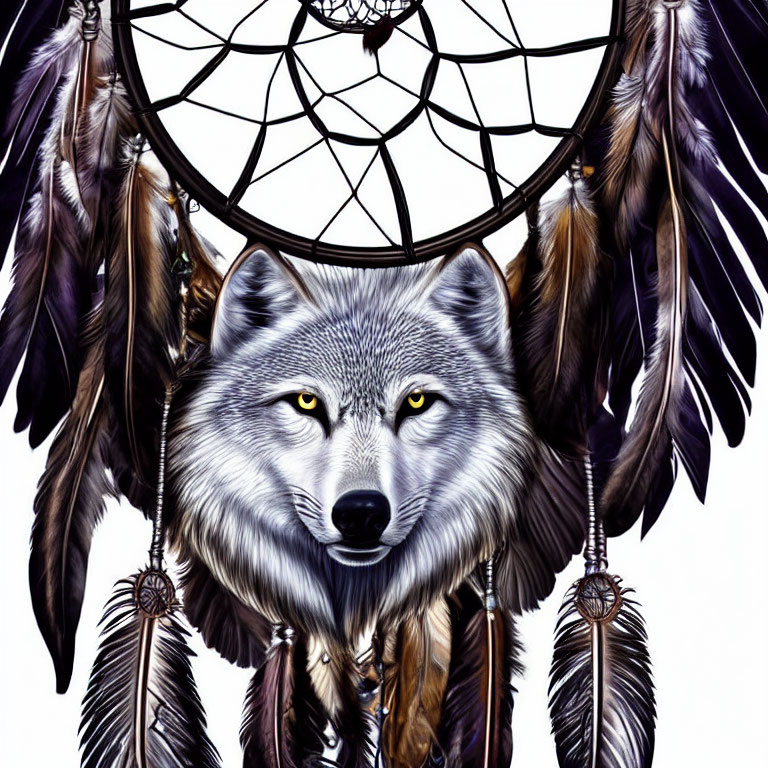 Detailed Wolf Head Illustration in Dreamcatcher with Feathers and Beads