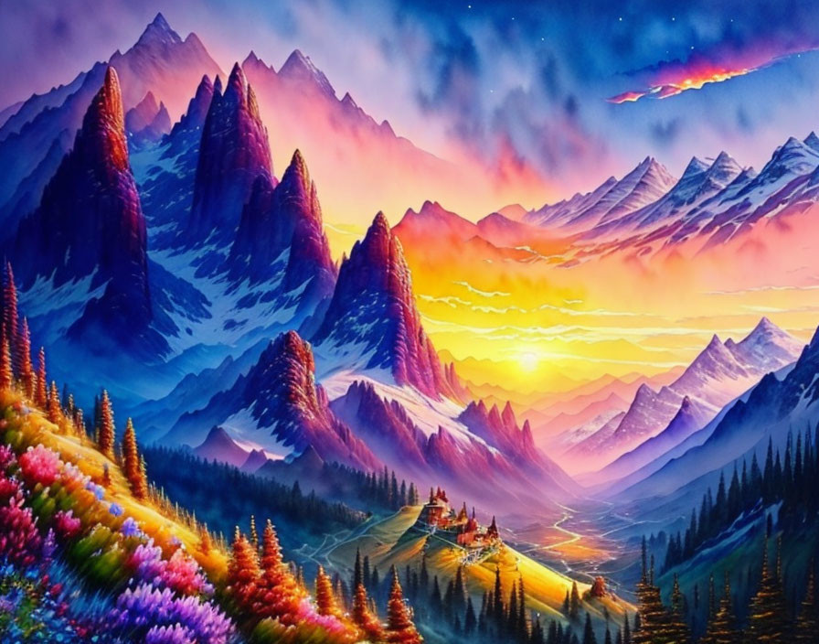 Colorful sunset painting: mountain peaks, wildflowers, comet streaking