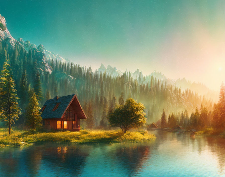 Tranquil lakeside sunrise with cozy cabin, pine trees, and misty mountains