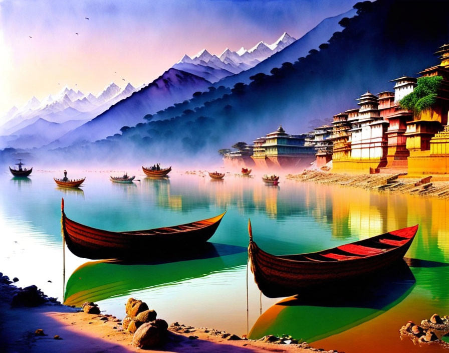 Colorful artwork of traditional boats, buildings, mountains, and sky