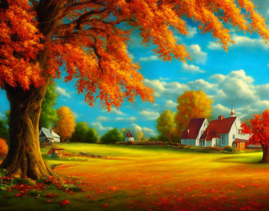 Colorful autumn landscape with fiery tree, white houses, and green meadow