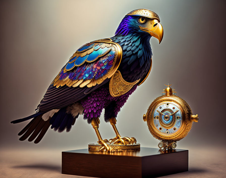 Steampunk eagle and clock on wooden pedestal