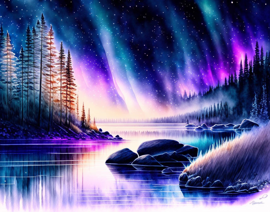 Digital artwork: Serene lake, pine trees, starry night sky, aurora, mystical light