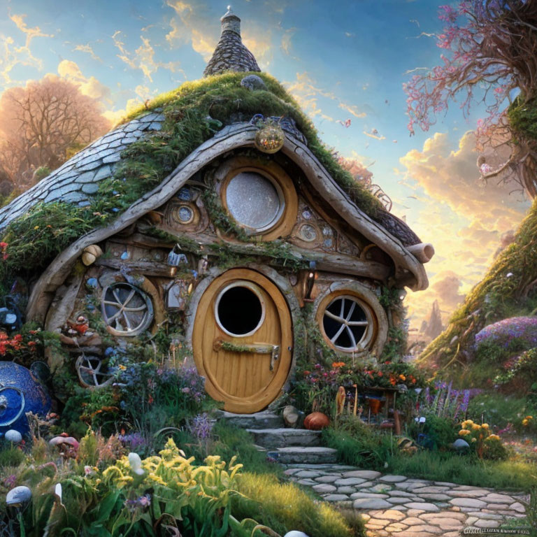 Whimsical round-doored cottage with moss-covered roof in lush garden setting