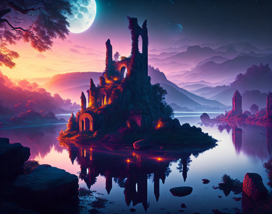 Glowing castle ruins on islet in fantasy landscape with purple skies and full moon