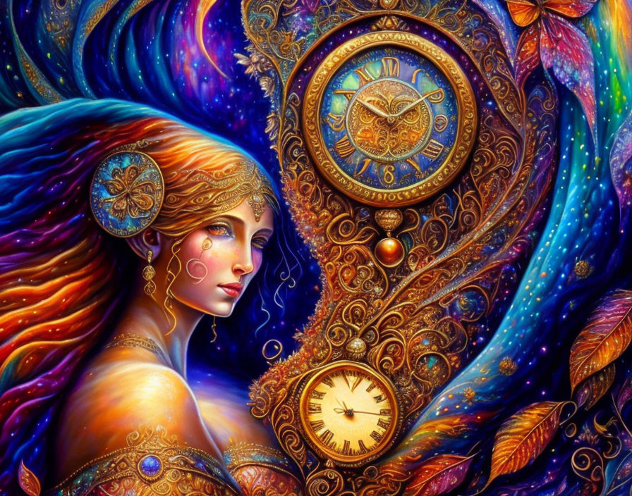 Colorful artwork of woman with flowing hair and cosmic elements