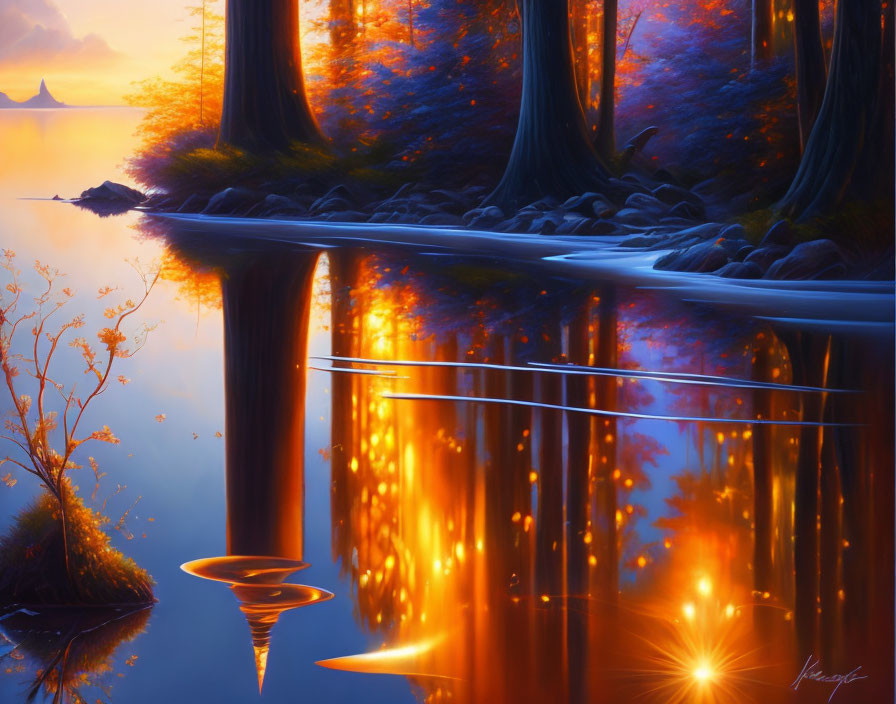 Tranquil sunset forest scene with orange light on lake and kayak