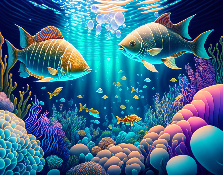 Vibrant underwater scene with fish, marine life, coral reef, and light beams